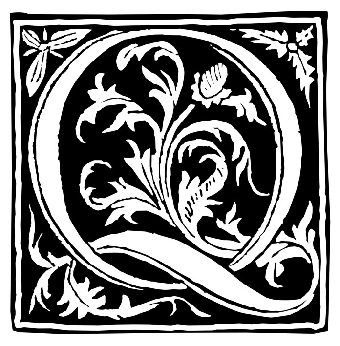 Letter Q from fifteenth century French woodcut from and edition of Vergil printed by Lambillion
