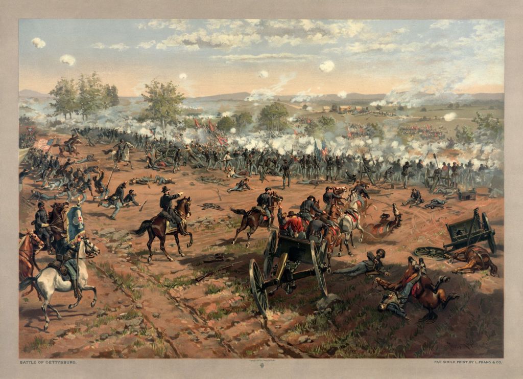 L. Prang & Co. lithograph of the painting "Hancock at Gettysburg" by Thure de Thulstrup, showing Pickett's Charge. Restoration by Adam Cuerden.